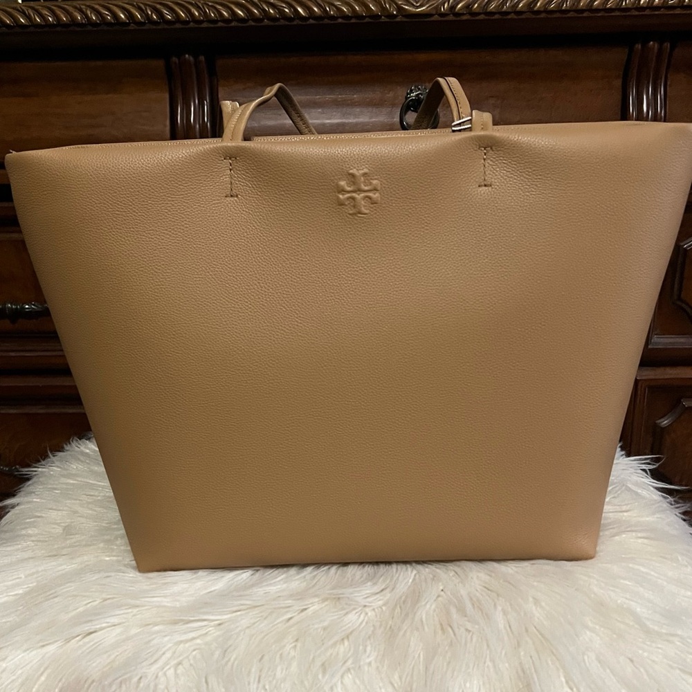 Extra Large Tory Burch Tan Structured Leather Thea Tote with Shoulder Strap